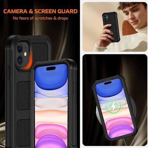 حافظة لهاتف iPhone 11 مع حافظة بمشبك حزام، حافظات هاتف مضادة للسقوط ومضادة للصدمات مع واقيات شاشة 2x ومسند، غطاء واقٍ متين من الدرجة العسكرية (أسود برتقالي) in Kuwait