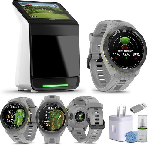 شاشة إطلاق الجولف Garmin Approach R50 Premium وأجهزة المحاكاة مع حقيبة حمل، ومقاييس الكرة والنادي المتقدمة + مجموعة ساعات الجولف Garmin Approach S70 Premium GPS، باللون الرمادي (42 مم) in Saudi Arabia