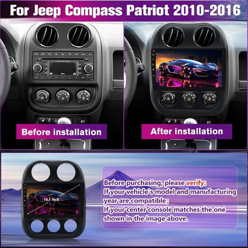 Car Radio Stereo Upgrade for Jeep Compass/Patriot 2010-2016, Android Head Unit with 10.1 Inch Touch Screen/Backup Camera/Wireless CarPlay & Android Auto/Mirroring/Wi-Fi/Bluetooth/FM/SWC in Kuwait