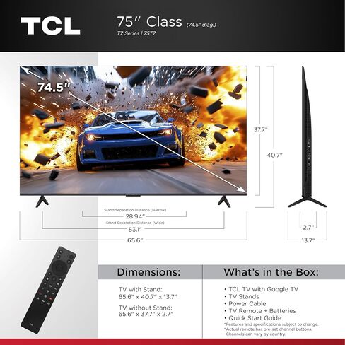 تي سي ال 75 بوصة فئة T7 سلسلة | 4K كيو ال اي دي اتش دي ار | 75T7 موديل 2025 | 120 هرتز - 144 هرتز سطوع عالي تلفزيون جوجل الذكي دولبي أتموس أوديو | تلفزيون تدفق الألعاب الصوتي عن بعد Alexa in Saudi Arabia