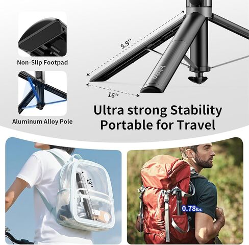 67'' Automatic Phone Tripod, Auto-Open Selfie Stick for iPhone with Remote, 360° Rotatable Extendable Phone Stand for Video Recording Vlog, Stable Travel Tripod Compatible with iPhone Android in Saudi Arabia