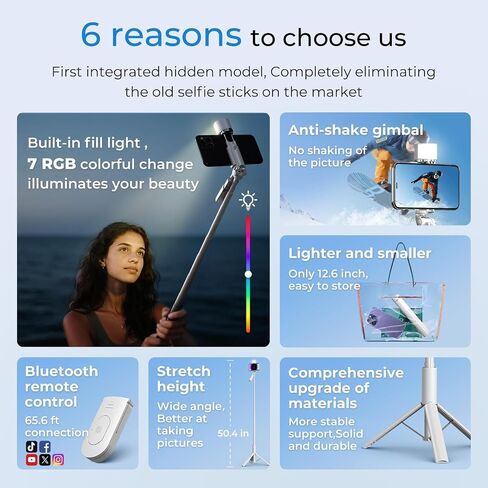 50'' Phone Tripod with Remote, Tripod for iPhone, 6 in 1 Selfie Stick with Light & Holder, Extendable Cell Phone Stand for Video Recording in Saudi Arabia
