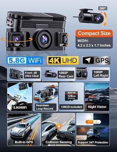 كاميرا داش كام عرض 360 درجة 4K 4 قنوات أمامية وخلفية داخل يسار يمين، نظام تحديد المواقع المدمج، واي فاي 5.8 جيجا هرتز، كاميرا داش للسيارات مع توصيل التطبيق، دعم وضع ركن السيارة، مستشعر G، بطاقة مجانية سعة 128 جيجابايت in Saudi Arabia