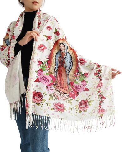 لفافات شال فيرجن دي غوادالوبي، وشاح بطانية مريم العذراء مع وردة، شالات صلاة سوداء هدايا كاثوليكية للمرأة in Kuwait