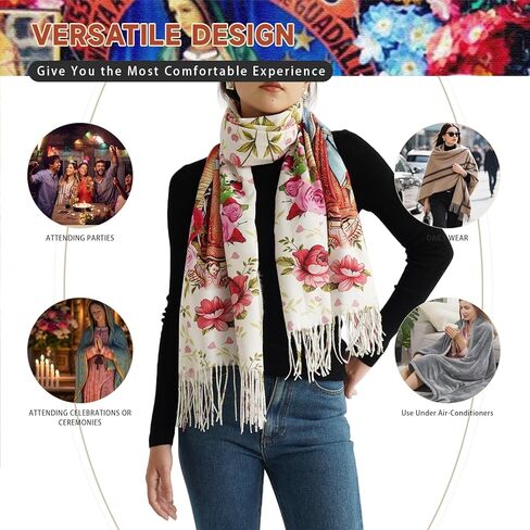 لفافات شال فيرجن دي غوادالوبي، وشاح بطانية مريم العذراء مع وردة، شالات صلاة سوداء هدايا كاثوليكية للمرأة in Kuwait