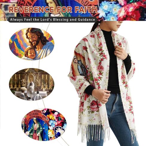 لفافات شال فيرجن دي غوادالوبي، وشاح بطانية مريم العذراء مع وردة، شالات صلاة سوداء هدايا كاثوليكية للمرأة in Kuwait