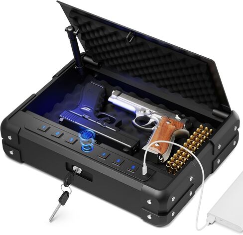 مسدس بيومتري عالي التحمل بوزن 14 رطل، آمن لـ 3-4 مسدسات، مسدس وصول سريع آمن مع منفذ USB-C ولوحة مفاتيح رقمية بإضاءة خلفية، مسدس محمول آمن مع وضع كتم الصوت للسيارة بجانب السرير المنزلي in Kuwait