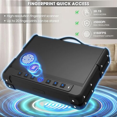 مسدس بيومتري عالي التحمل بوزن 14 رطل، آمن لـ 3-4 مسدسات، مسدس وصول سريع آمن مع منفذ USB-C ولوحة مفاتيح رقمية بإضاءة خلفية، مسدس محمول آمن مع وضع كتم الصوت للسيارة بجانب السرير المنزلي in Kuwait