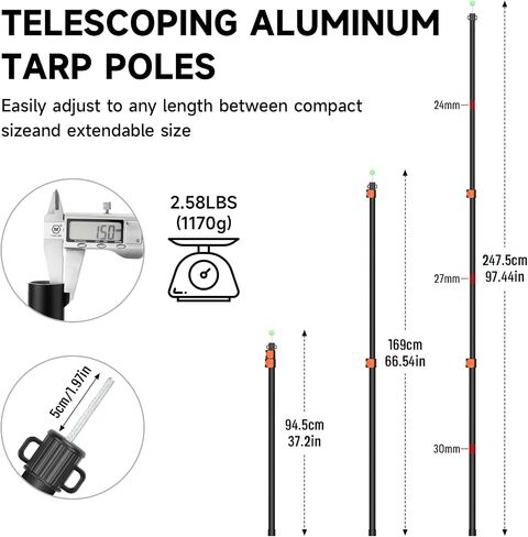 SANLIKE Tarp Poles Heavy Duty Telescoping 97" Adjustable Aviation Aluminum Canopy Rods Lengthen Thicken with Protection Cap Portable Poles for Tent Fly Awning Camping Hiking Set of 2 in Saudi Arabia