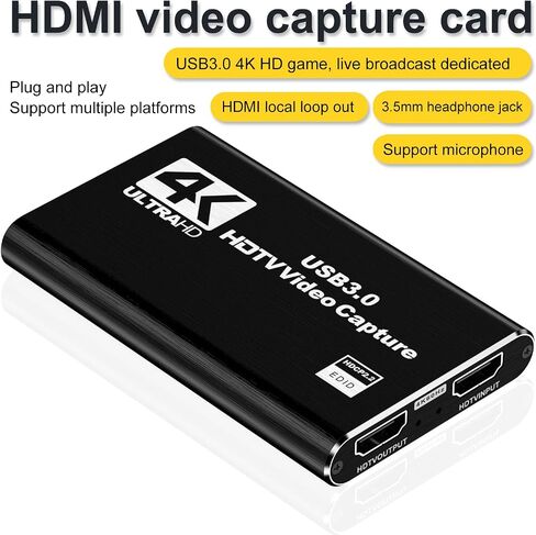 بطاقة التقاط فيديو سوداء بدقة 4K - تدعم إدخال HDMI بدقة 4K وتسجيل 1080P Full HD بمعدل 60 إطارًا في الثانية للعب والبث المباشر ومؤتمرات الفيديو (يتضمن كابل HDMI). in Kuwait