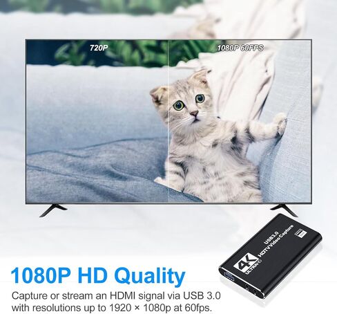 بطاقة التقاط فيديو سوداء بدقة 4K - تدعم إدخال HDMI بدقة 4K وتسجيل 1080P Full HD بمعدل 60 إطارًا في الثانية للعب والبث المباشر ومؤتمرات الفيديو (يتضمن كابل HDMI). in Kuwait