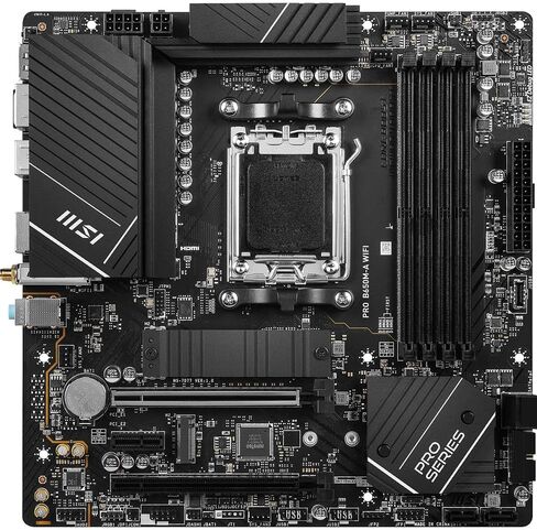 MSI PRO B650M-A WiFi ProSeries Motherboard (AMD Ryzen 9000/8000/7000 Series Processors, AM5, DDR5, PCIe 4.0, M.2, SATA 6Gb/s, USB 3.2 Gen 2, HDMI/DP, Wi-Fi 6E, Bluetooth 5.3, 2.5Gbps LAN, mATX) in Kuwait