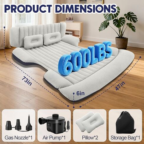 مرتبة هوائية لسيارات الدفع الرباعي مع مضخة هواء، سرير تخييم سميك مع وسادتين، مرتبة هوائية محمولة للسيارة، إعداد سريع وسهل، سرير قابل للنفخ للسيارة، سرير سيارة متين لسيارات الدفع الرباعي، المنزل، السفر، التخييم (رمادي أزرق) in Kuwait