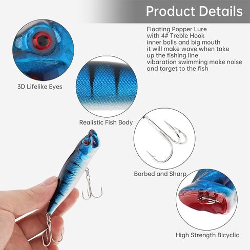 5pcs Floating Topwater Popper Fishing Lure, Popper Lures Fishing Tackle Accessory with Treble Hooks for Pike Bass Salmon (3.54 inch) in Saudi Arabia