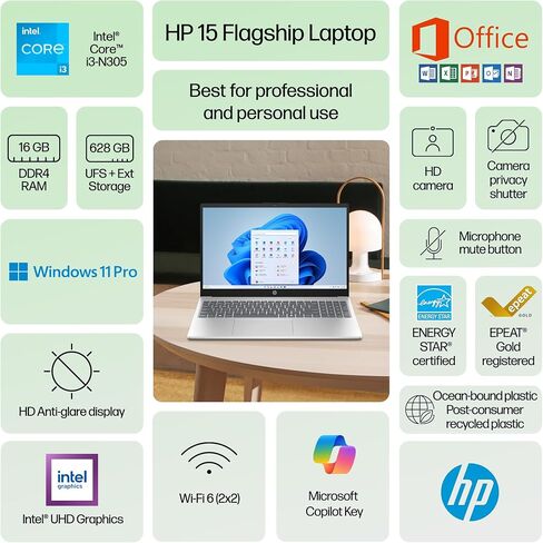 HP Laptop 2025 Flagship Business Ultra Slim, Lifetime Office, AI-Powered,15.6" HD, 8-Core Intel i3, 16GB RAM, 628GB Storage (128GB UFS+500GB Ext), Wi-Fi 6, Copilot Key, HubxcelAccessory, Win 11 Pro in Saudi Arabia