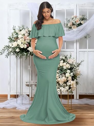 Glampunch Off Shoulder Maternity Dress for Photoshoot，Baby Shower Dress | soft, stretchy fabric,ruffles,elegant slim gowns,fit maxi photography dress,flowy maxi length in Saudi Arabia