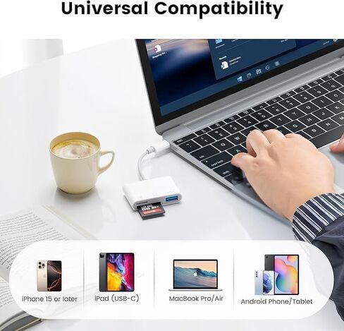 قارئ بطاقة SD لجهاز iPhone iPad، محول بطاقة ذاكرة Lightning USB-C ثنائي الموصل مع فتحات SD MicroSD USB-A، عارض بطاقة كاميرا Trail، التوصيل والتشغيل المحمول in Kuwait