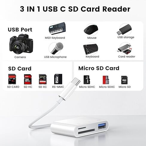 قارئ بطاقة SD لجهاز iPhone iPad، محول بطاقة ذاكرة Lightning USB-C ثنائي الموصل مع فتحات SD MicroSD USB-A، عارض بطاقة كاميرا Trail، التوصيل والتشغيل المحمول in Kuwait