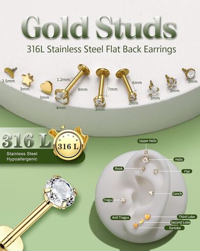 Fansilver 14K Gold Filled Nose Studs for Women 316L Surgical Steel Internal Thread Flat Back Stud earrings CZ Lip Labret Nose Rings Studs Hypoallergenic Lip Monroe Labret Medusa Piercing Jewelry in Saudi Arabia
