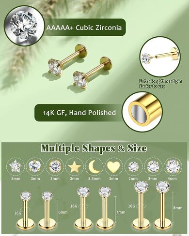 Fansilver 14K Gold Filled Nose Studs for Women 316L Surgical Steel Internal Thread Flat Back Stud earrings CZ Lip Labret Nose Rings Studs Hypoallergenic Lip Monroe Labret Medusa Piercing Jewelry in Saudi Arabia