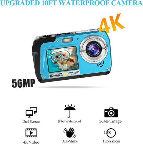 كاميرا مقاومة للماء كاميرات تحت الماء بدقة 56 ميجابكسل عالية الدقة 4K30FPS ومسجل فيديو وشاشات مزدوجة لصور السيلفي in Kuwait
