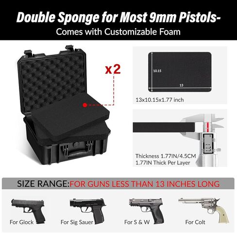 حافظة مسدس SEKKVY للمسدسات، حافظة مسدس صلبة مقاس 13 بوصة/14 بوصة/16 ​​بوصة مع رغوة مقطوعة مسبقًا، حافظة مقاومة للماء IP67 للسفر والصيد العسكري التكتيكي، صندوق تخزين واقٍ لبيريتا وسميث ويسون وغلوك in Kuwait