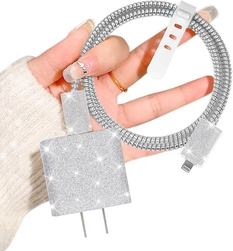 Glitter DIY Cable Protector for Apple 18W/20W Power Adapter, Colorful Bling Sparkle Design Soft Data Cable Cord Case Wire Saver Phone Charging Protector for iPhone Charger in Saudi Arabia