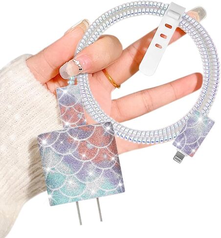 Glitter DIY Cable Protector for Apple 18W/20W Power Adapter, Bling Colorful Fish Scales Design Soft Data Cable Cord Case Phone Charging Protector Wire Saver for iPhone Charger in Saudi Arabia