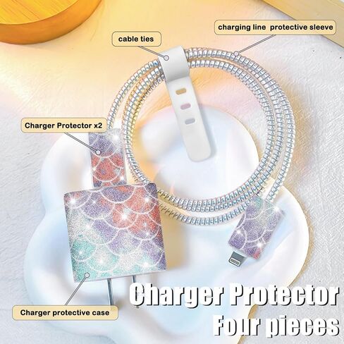 Glitter DIY Cable Protector for Apple 18W/20W Power Adapter, Bling Colorful Fish Scales Design Soft Data Cable Cord Case Phone Charging Protector Wire Saver for iPhone Charger in Saudi Arabia