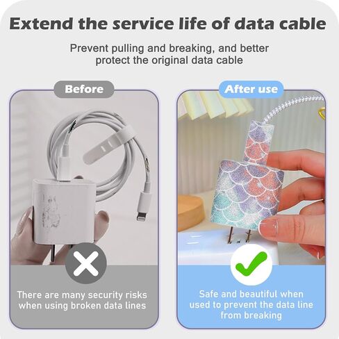 Glitter DIY Cable Protector for Apple 18W/20W Power Adapter, Bling Colorful Fish Scales Design Soft Data Cable Cord Case Phone Charging Protector Wire Saver for iPhone Charger in Saudi Arabia