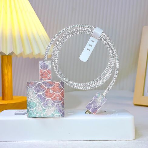 Glitter DIY Cable Protector for Apple 18W/20W Power Adapter, Bling Colorful Fish Scales Design Soft Data Cable Cord Case Phone Charging Protector Wire Saver for iPhone Charger in Saudi Arabia