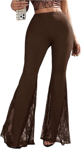 Women's Y2K Sheer Lace Flare Pants Low Rise Elastic Waist Skinny Bell Bottoms Casual Trousers in Kuwait