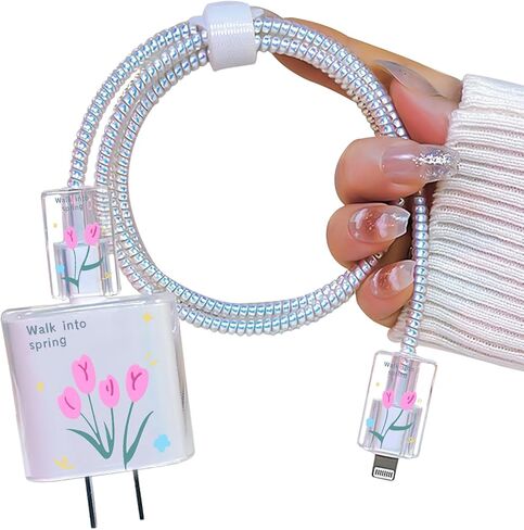 واقي كابل لطيف لهاتف iPhone 18W/20W شاحن محول مع تصميم Kawaii Bunny Tulips، جراب كابل كابل نقل بيانات ناعم من مادة TPU الشفافة لهاتف iPhone 11 12 13 14 15 Pro Max in Kuwait