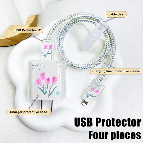 واقي كابل لطيف لهاتف iPhone 18W/20W شاحن محول مع تصميم Kawaii Bunny Tulips، جراب كابل كابل نقل بيانات ناعم من مادة TPU الشفافة لهاتف iPhone 11 12 13 14 15 Pro Max in Kuwait