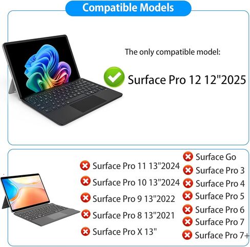 لوحة مفاتيح لجهاز Microsoft Surface Pro 12 بوصة (2025)، لوحة مفاتيح مغناطيسية لاسلكية بلوتوث مع لوحة تتبع متعددة اللمس، بطارية قابلة لإعادة الشحن، إضاءة خلفية 7 ألوان، نوم/استيقاظ ذكي in Kuwait