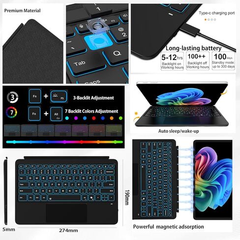 لوحة مفاتيح لجهاز Microsoft Surface Pro 12 بوصة (2025)، لوحة مفاتيح مغناطيسية لاسلكية بلوتوث مع لوحة تتبع متعددة اللمس، بطارية قابلة لإعادة الشحن، إضاءة خلفية 7 ألوان، نوم/استيقاظ ذكي in Kuwait