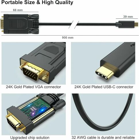 كابل USB C إلى VGA بطول 3 أقدام، كابل USB من النوع C إلى VGA [متوافق مع Thunderbolt 3/4] مع iPhone 15 Pro/Max، MacBook Pro/Air 2023، iPad Pro، iMac، S23، XPS 17، Surface Book 3 والمزيد in Saudi Arabia