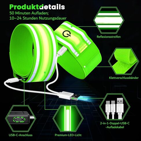 حزام ذراع LED للجري (عبوة من قطعتين)، أحزمة ذراع مضيئة للمشي ليلاً، أضواء قابلة لإعادة الشحن للعدائين، معدات ركض عاكسة للضوء عالية الوضوح وأساور معصم مضيئة قابلة للتعديل in Kuwait
