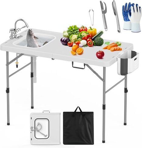 HLPB Fold in Half Folding Fish Cleaning Table with Sink, Foldable Protable Camping Sink Table with Drainage Hose & Fish Cleaning Kit, Fish Fillet Cutting Desk for Picnic Patio Backyard BBQ, White in Saudi Arabia