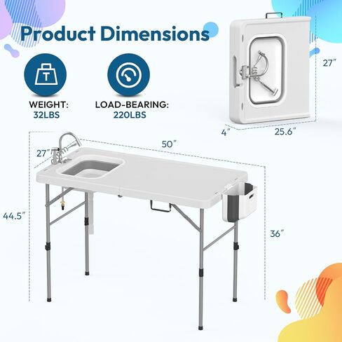 HLPB Fold in Half Folding Fish Cleaning Table with Sink, Foldable Protable Camping Sink Table with Drainage Hose & Fish Cleaning Kit, Fish Fillet Cutting Desk for Picnic Patio Backyard BBQ, White in Saudi Arabia