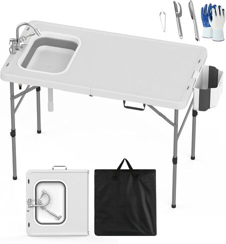 HLPB Fold in Half Folding Fish Cleaning Table with Sink, Foldable Protable Camping Sink Table with Drainage Hose & Fish Cleaning Kit, Fish Fillet Cutting Desk for Picnic Patio Backyard BBQ, White in Saudi Arabia