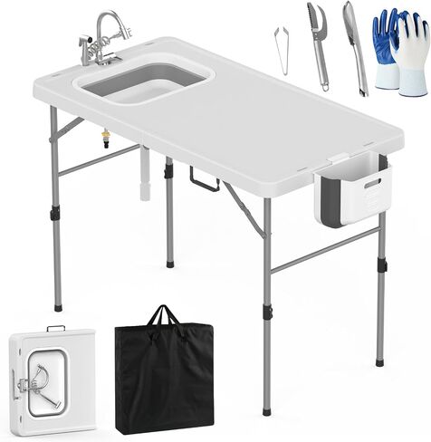 HLPB Fold in Half Folding Fish Cleaning Table with Sink, Foldable Protable Camping Sink Table with Drainage Hose & Fish Cleaning Kit, Fish Fillet Cutting Desk for Picnic Patio Backyard BBQ, White in Saudi Arabia