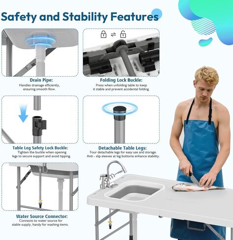 HLPB Fold in Half Folding Fish Cleaning Table with Sink, Foldable Protable Camping Sink Table with Drainage Hose & Fish Cleaning Kit, Fish Fillet Cutting Desk for Picnic Patio Backyard BBQ, White in Saudi Arabia