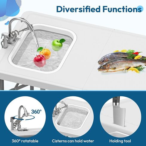 HLPB Fold in Half Folding Fish Cleaning Table with Sink, Foldable Protable Camping Sink Table with Drainage Hose & Fish Cleaning Kit, Fish Fillet Cutting Desk for Picnic Patio Backyard BBQ, White in Saudi Arabia