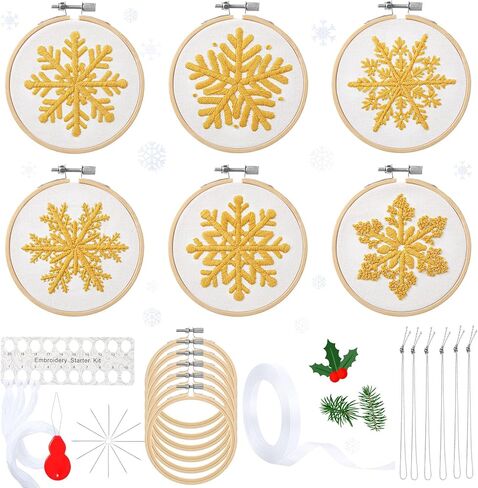 6 Sets Winter Embroidery Kit for Beginners Snowflakes Christmas Cross Kits DIY Needlepoint Kit with Patterns, Instructions, Embroidery Hoops, Threads, Needles, Needle Threader, Ropes, and Ribbon in Saudi Arabia
