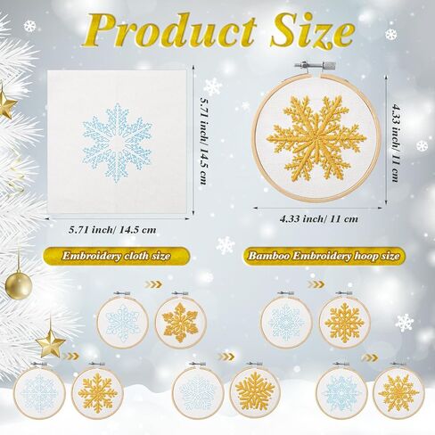 6 Sets Winter Embroidery Kit for Beginners Snowflakes Christmas Cross Kits DIY Needlepoint Kit with Patterns, Instructions, Embroidery Hoops, Threads, Needles, Needle Threader, Ropes, and Ribbon in Saudi Arabia