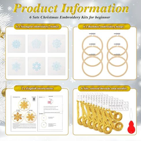 6 Sets Winter Embroidery Kit for Beginners Snowflakes Christmas Cross Kits DIY Needlepoint Kit with Patterns, Instructions, Embroidery Hoops, Threads, Needles, Needle Threader, Ropes, and Ribbon in Saudi Arabia