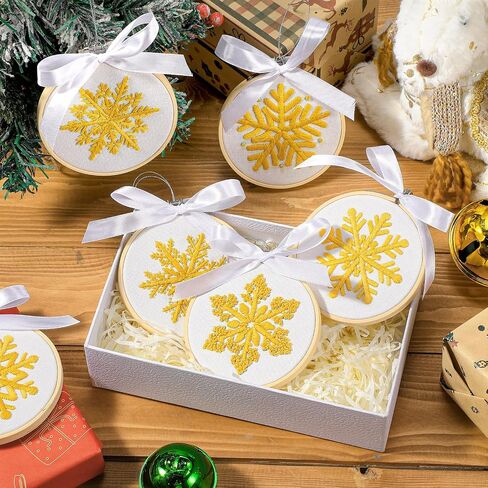 6 Sets Winter Embroidery Kit for Beginners Snowflakes Christmas Cross Kits DIY Needlepoint Kit with Patterns, Instructions, Embroidery Hoops, Threads, Needles, Needle Threader, Ropes, and Ribbon in Saudi Arabia