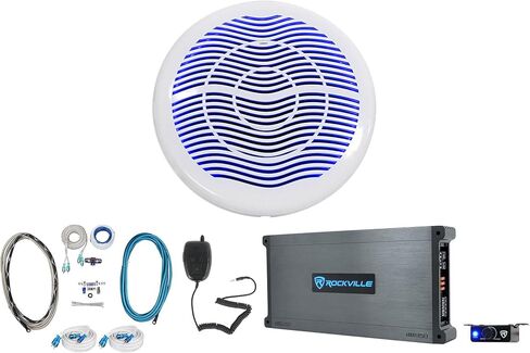 Rockville MS10LW Bundle: 10-in 2400-Watt Marine Subwoofer with LED, DBM50 4000-Watt 5-Channel Amplifier with Mic, RMWK4 Amp Installation Kit, (2) MRCA25 25ft RCA Cables, 5-Items in Saudi Arabia