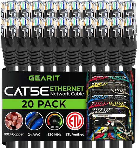 GearIt 20 حزمة، كابل تصحيح Cat5e Ethernet بطول 2 قدم - Snagless RJ45 سلك شبكة LAN للكمبيوتر، أسود in Saudi Arabia